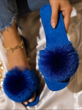 Jolimall Blue Pom Slide Sandals - Women's Fashion Slides